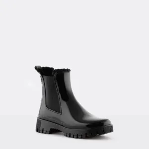 BLACK FAUX FUR LINED GLOSSY PULL ON RAINBOOTS