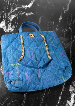 Chanel Denim Quilted Denim Mood Maxi Shopping Bag Blue Multicolor