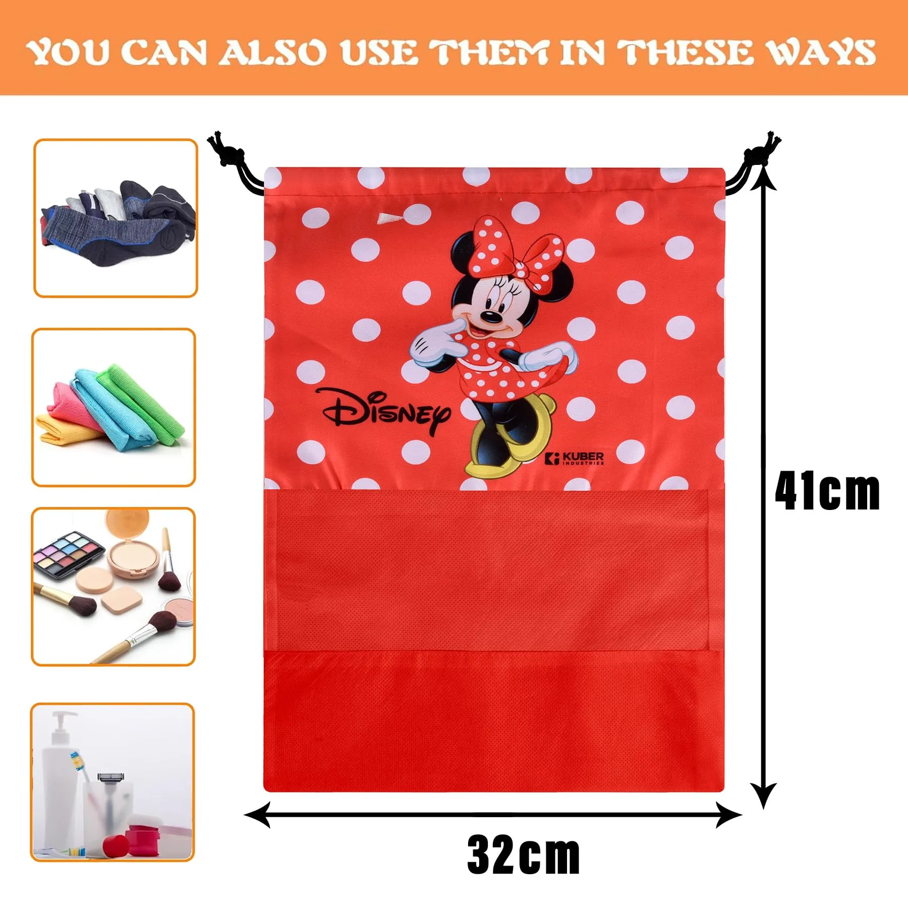 Kuber Industries Disney Minnie Shoe Cover | Travel Shoe Storage Bags | Polyester Storage Bag | Drawstring Shoe Cover | Shoe Organizer with Clear window | Pack of 12 | Red