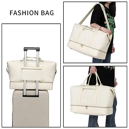 Travel Duffel Bags for Women,Weekender Overnight Bag with Shoe Pouch Large Carry On Bag Travel Tote Duffel Bag for Women (Beige)