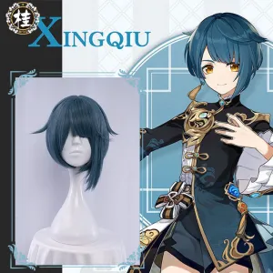 Uwowo Game Genshin Impact Xingqiu Juvenile Galant Cosplay Wig 30cm Grey Blue Short Hair